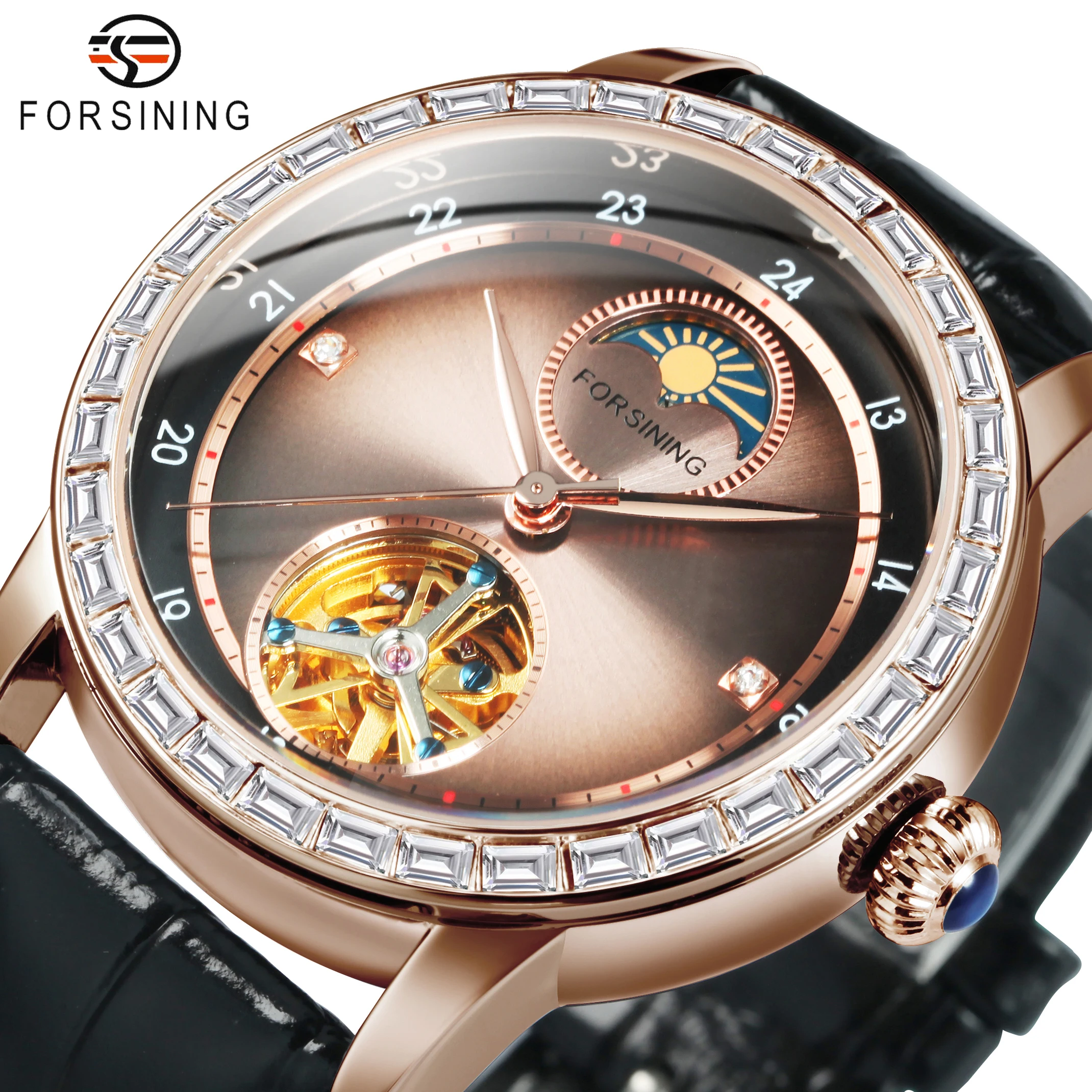 Forsining Luxury Automatic Mechanical Watches for Men Fashion Diamond Moon Phase Brown Tourbillon Skeleton Watch Genuine Leather