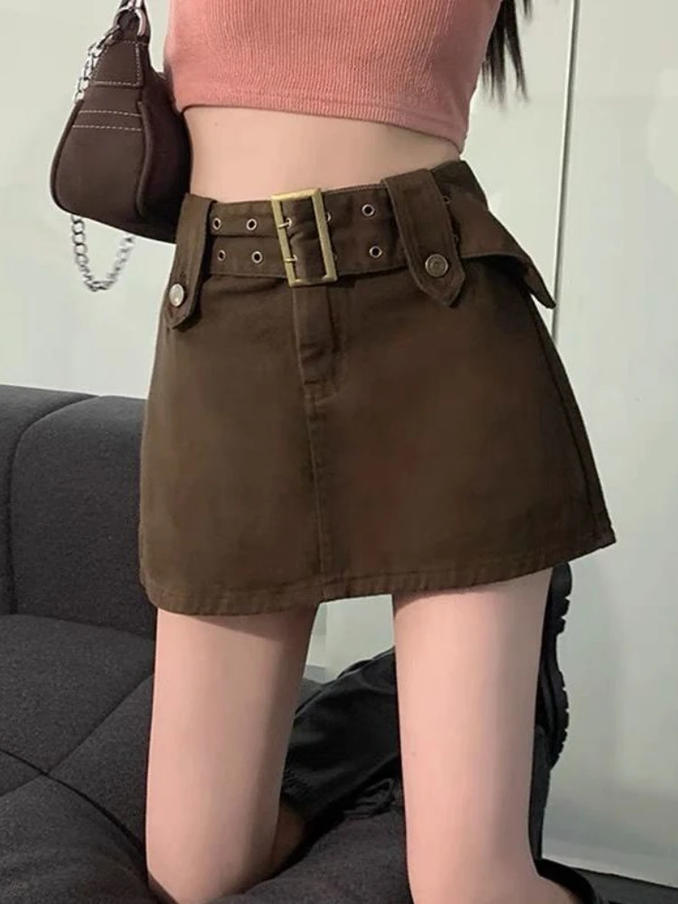 

Женская короткая джинсовая мини-юбка Y2K, винтажная трапециевидная юбка с пуговицами и поясом, модель Q395 в Корейском стиле