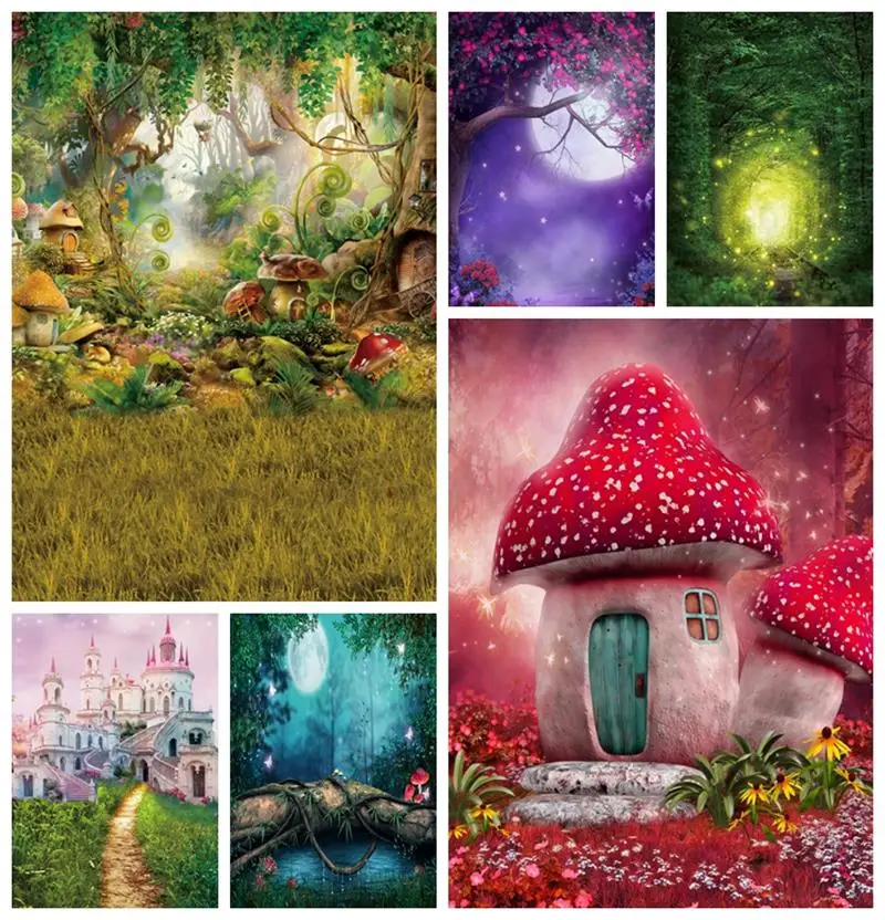 

Laeacco Baby Shower Backdrops Flowers Butterfly Bokeh Fairy Forest Mushroom Baby Newborn Photography Backgrounds Photo Studio