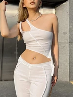 white solid hollow out one shoulder tank top irregular hem slim basic casual sweats tops women sexy cropped tees