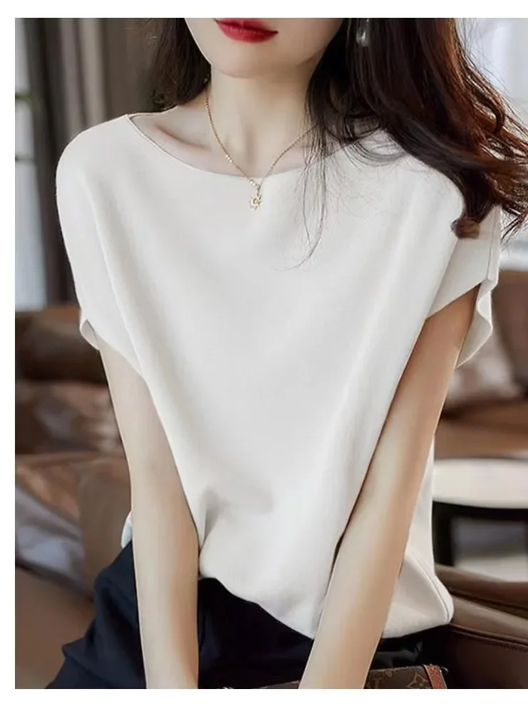 Сплошной цвет вязаный топ из ледяного шелка лето 24 простой модный свободный крой