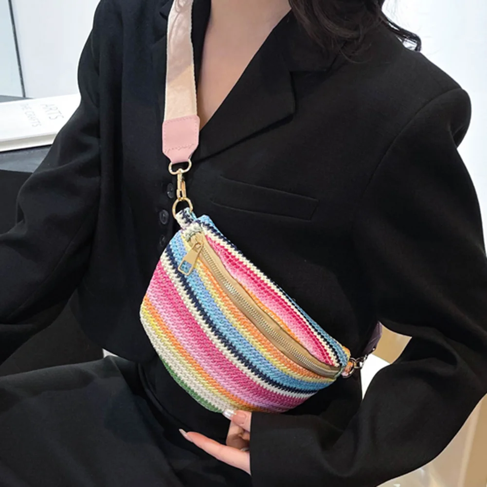 

Rainbow Striped Fanny Pack Bum Bag Fashion Female Sling Waist Pack Casual Adjustable Strap Simple Portable for Weekend Vacation