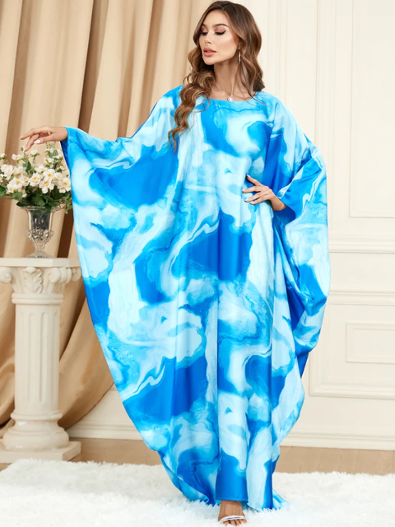 

Abayas For Women New Boho Retro Tie Dye Printed Casual Loose Bat Sleeve O-Neck Islamic Long Dress Jalabiyat Ramadan 2023