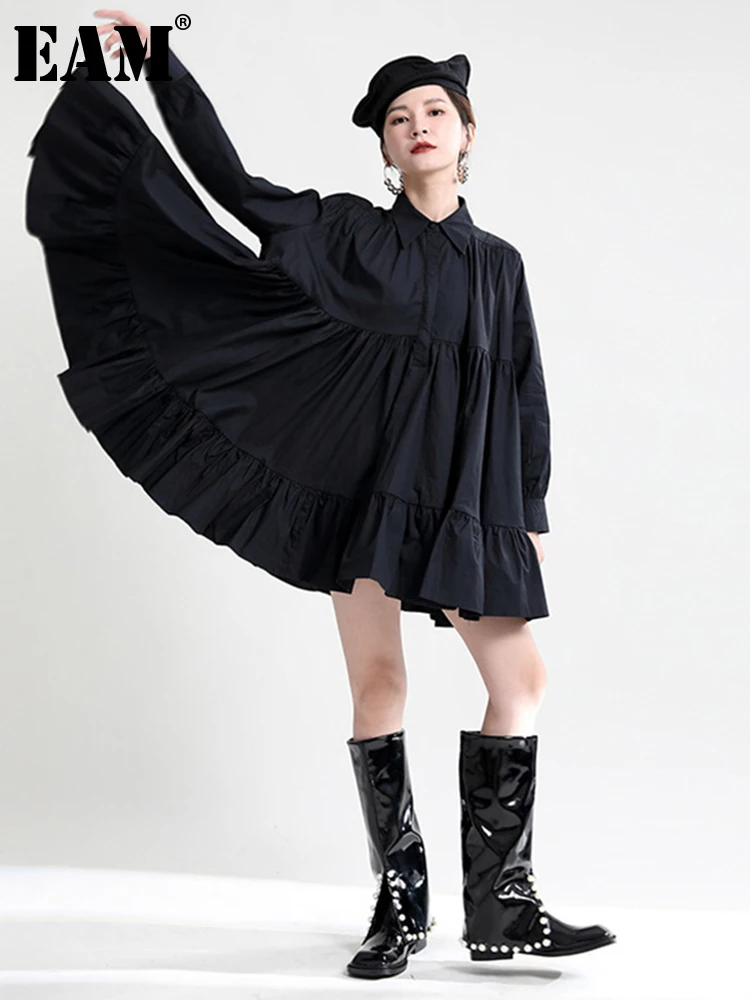 

[EAM] Women White Black Pleated Big Hem Shirt Dress New Lapel Long Sleeve Loose Fit Fashion Tide Spring Autumn 2022 1DE3659