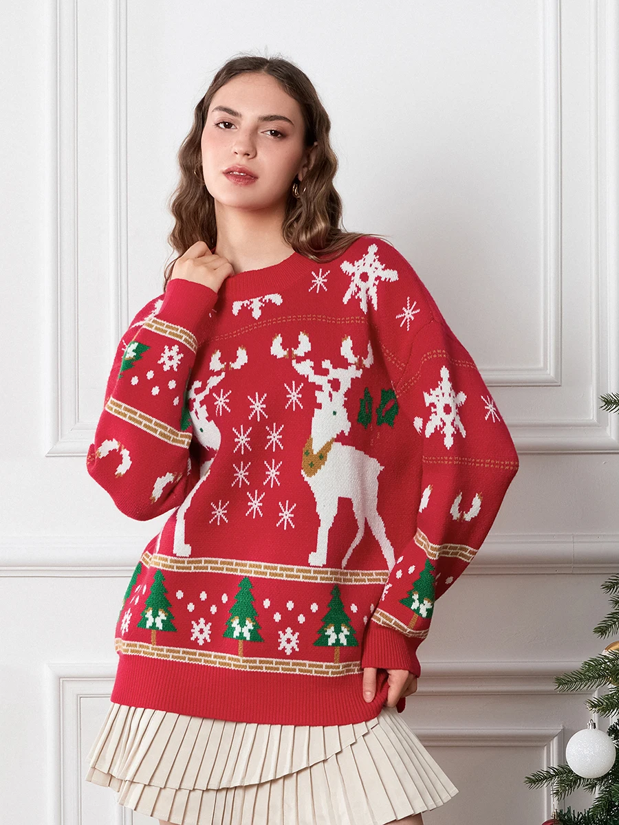 Женский рождественский свитер с принтом лося снежинки рождественской елки