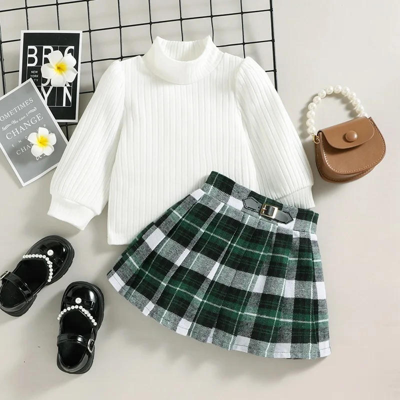 

Baywell Autumn Baby Girl Clothes Turtleneck Long Sleeve Top + Green Plaid Pleated Skirt Girls Clothing Sets Fashion Girls Suit