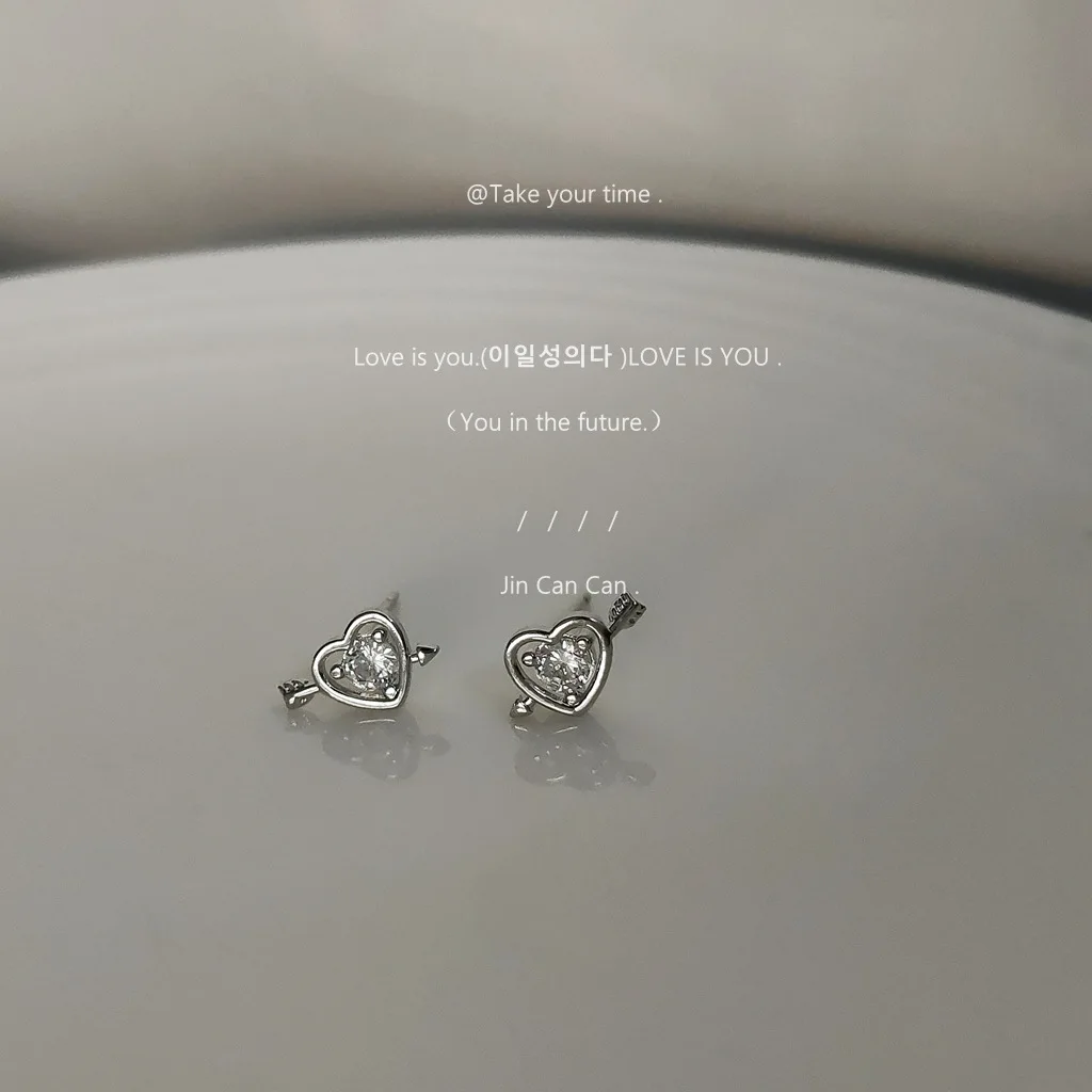 

925 Silver Needle Set Zircon Heart Stud Earrings Small Mini Fresh Women's Earrings