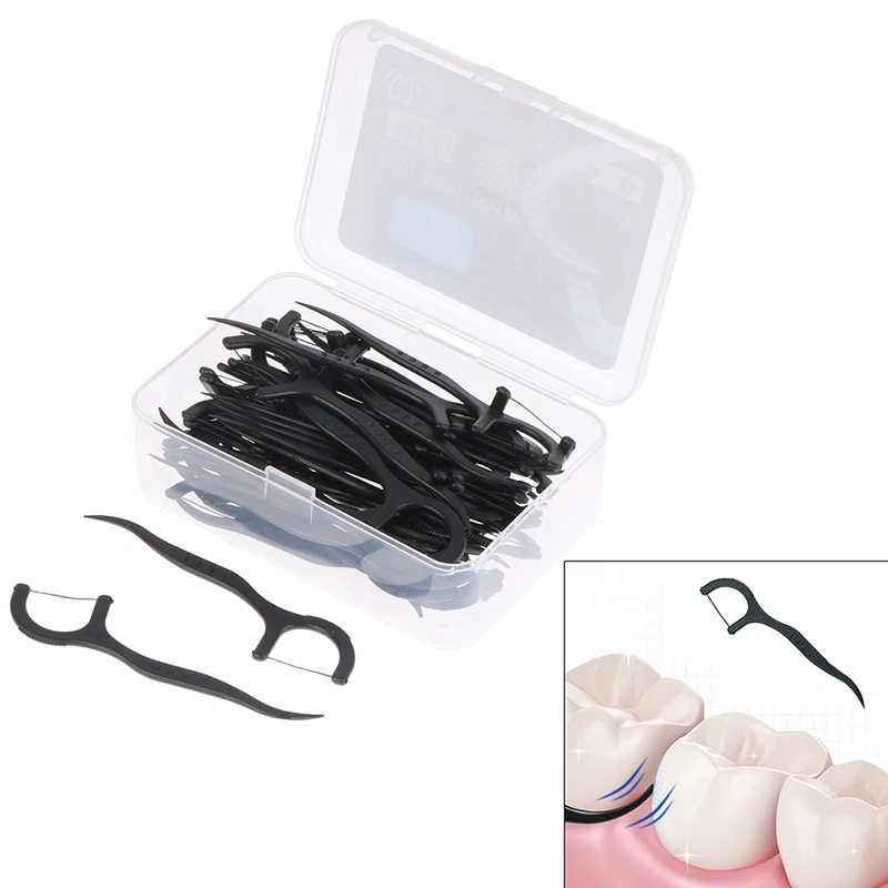 

50 Pcs Dental Cleaning Bamboo Charcoal Dental Floss Picks Interdental Flosser Brush For Teeth Care Toothpicks With Thread Oral