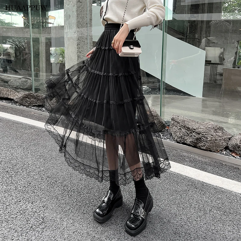 

Temperament High-end Skirt Women's 2022 Spring and Summer New Mesh Long Skirt Over The Knee A-line Pleated Skirt Drape Skirt