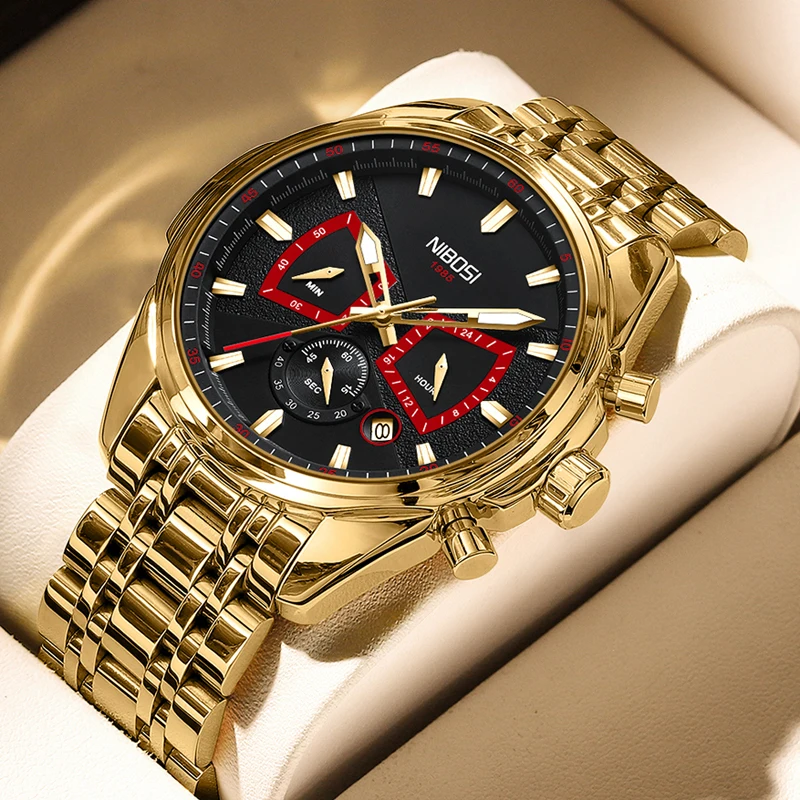 

Часы наручные NIBOSI Мужские кварцевые, брендовые Роскошные водонепроницаемые золотистые с хронографом и браслетом из нержавеющей стали