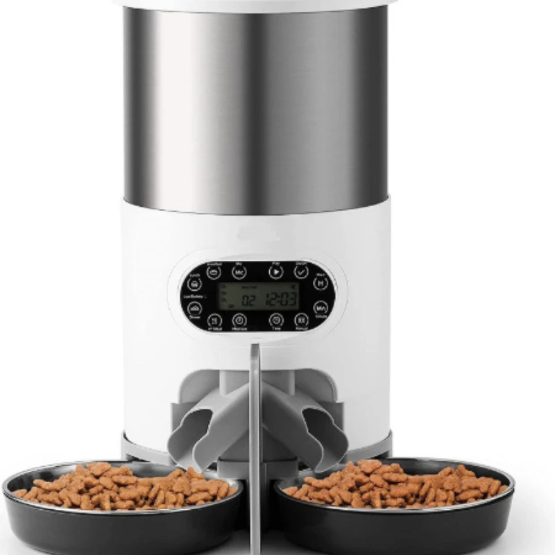 

4.5L pet smart double bowl feeder cat and dog food automatic dispenser stainless steel bowl regular feeding
