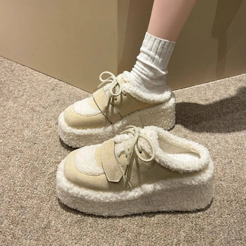Женские замшевые тапочки на меху платформе теплая плюшевая хлопковая обувь