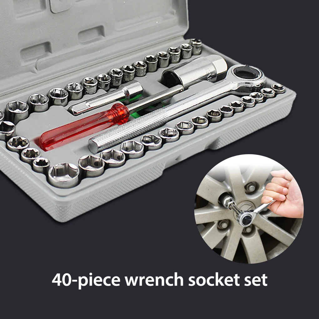 

40x Car Tool Set Mechanic Repairing Hand Wrench Kit Carbon Steel Socket Ratchet Spanner Extension Rod with Storage Case