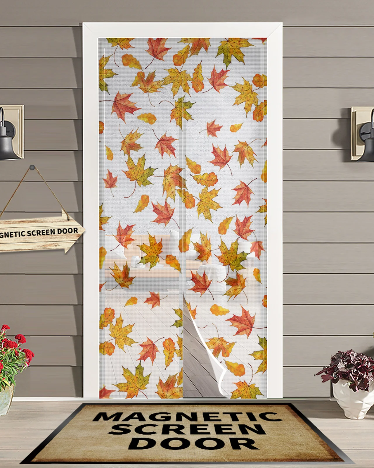 

Thanksgiving Fall Orange Maple Leaves Anti Mosquito Gauze Door Curtain Magnetic Door Screen for Bedroom Summer Door Screens