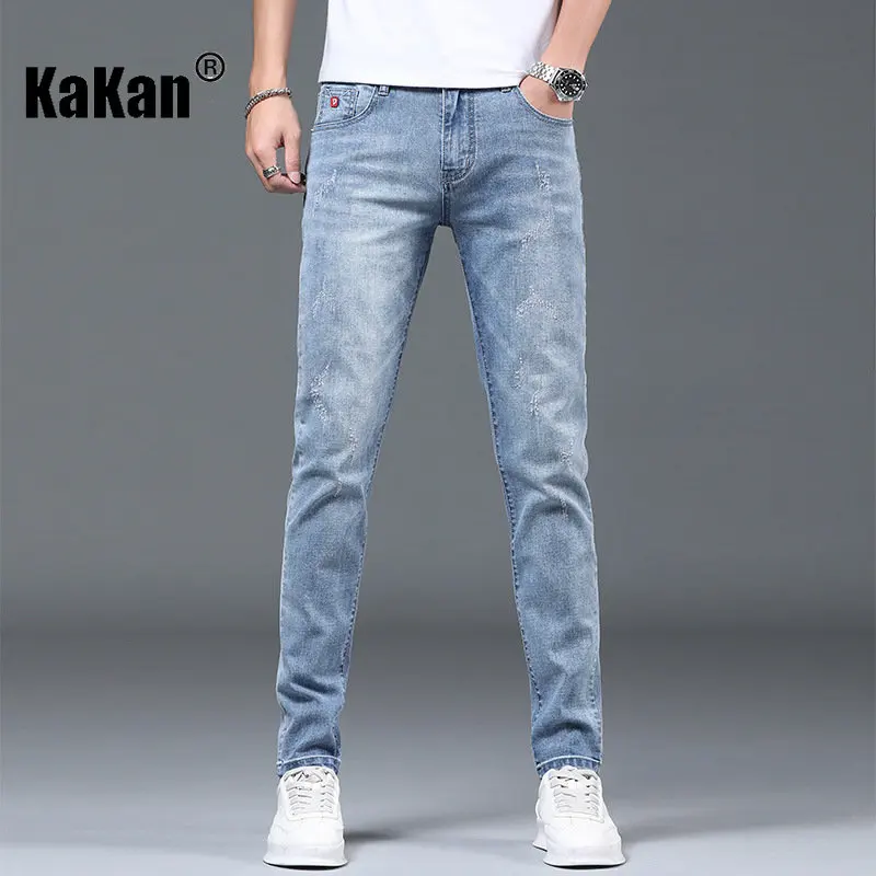 Kakan - Spring and Autumn New High End Slim Fit Small Feet Jeans for Men, High Street Straight Barrel Stretch Long Jeans 37-1626