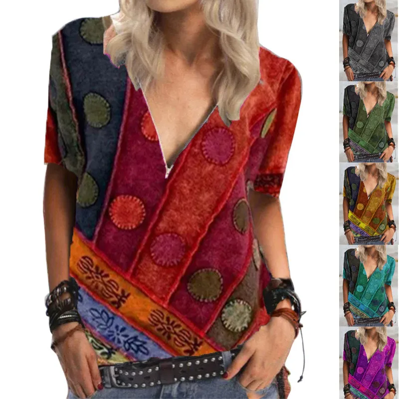 

2022 Summer New T-shirt Ladies Retro Printed Zipper Short-Sleeved V-Neck Blouse Ladies Casual Loose Blouse T-Shirt