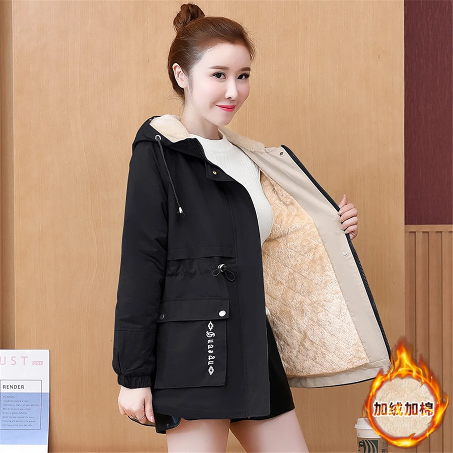 Winter Loose Hooded Thicken Fleece Lined Parkas Warm Casual Trenchcoat Korean Mid-length Coat Windbreaker Snow Jacket Outwear