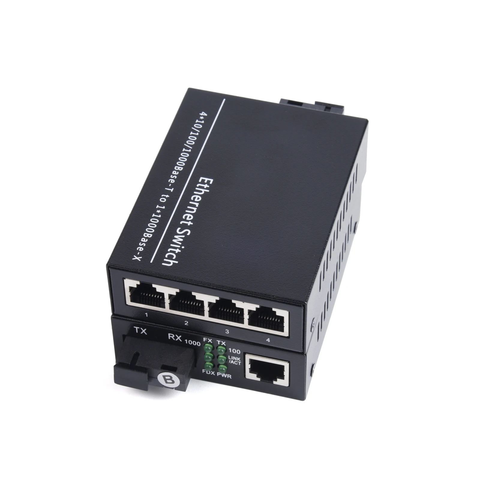 1 Pair Gigabit Fiber Optical Media Converter 10/100/1000Mbps Single Mode 1 Fiber to 4 RJ45 UPC/APC SC-Port EU Power