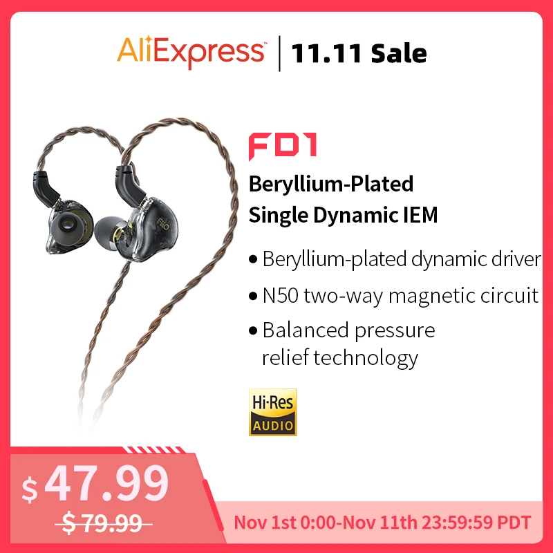 

Наушники-вкладыши FiiO FD1 с динамическим драйвером и бериллиевым покрытием, IEM с 2-контактными разъемами 0,78 мм, съемный кабель, сильные басы