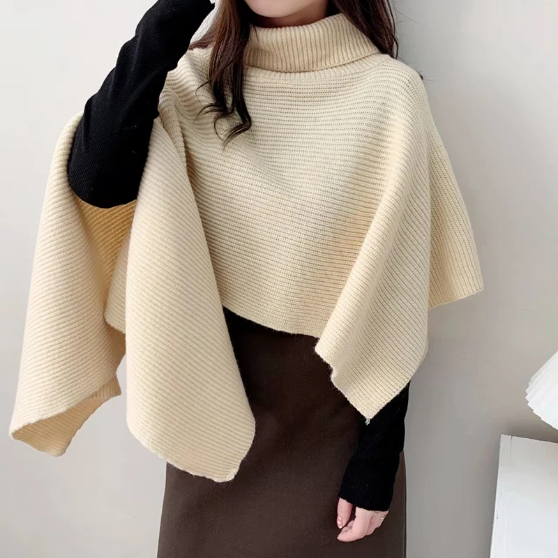 

Womens Irregular Turtleneck Knit Cape Pullover Sué Teres De Moda Mujer 2022 Fall New Korean Fashion Loose Solid Shawl Sweaters