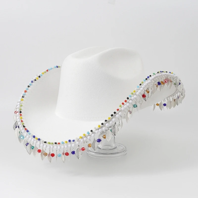 

L93F Western Cowboy Hat Tassels Brim Women Cowgirl Cap Cosplay Costume Lady Party Hat