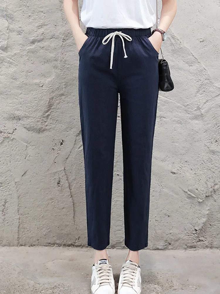 Women Casual Long Ankle Length Trousers 2023 Summer Autumn Elastic Waist Soft High Quality Cotton Linen Pants
