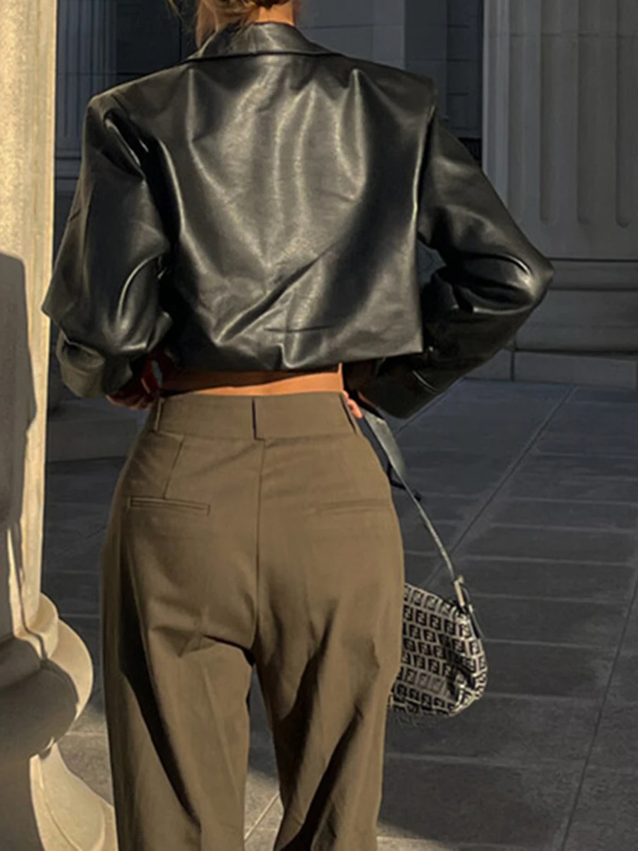 Женский укороченный жакет из искусственной кожи y2k черный в стиле ретро с длинным