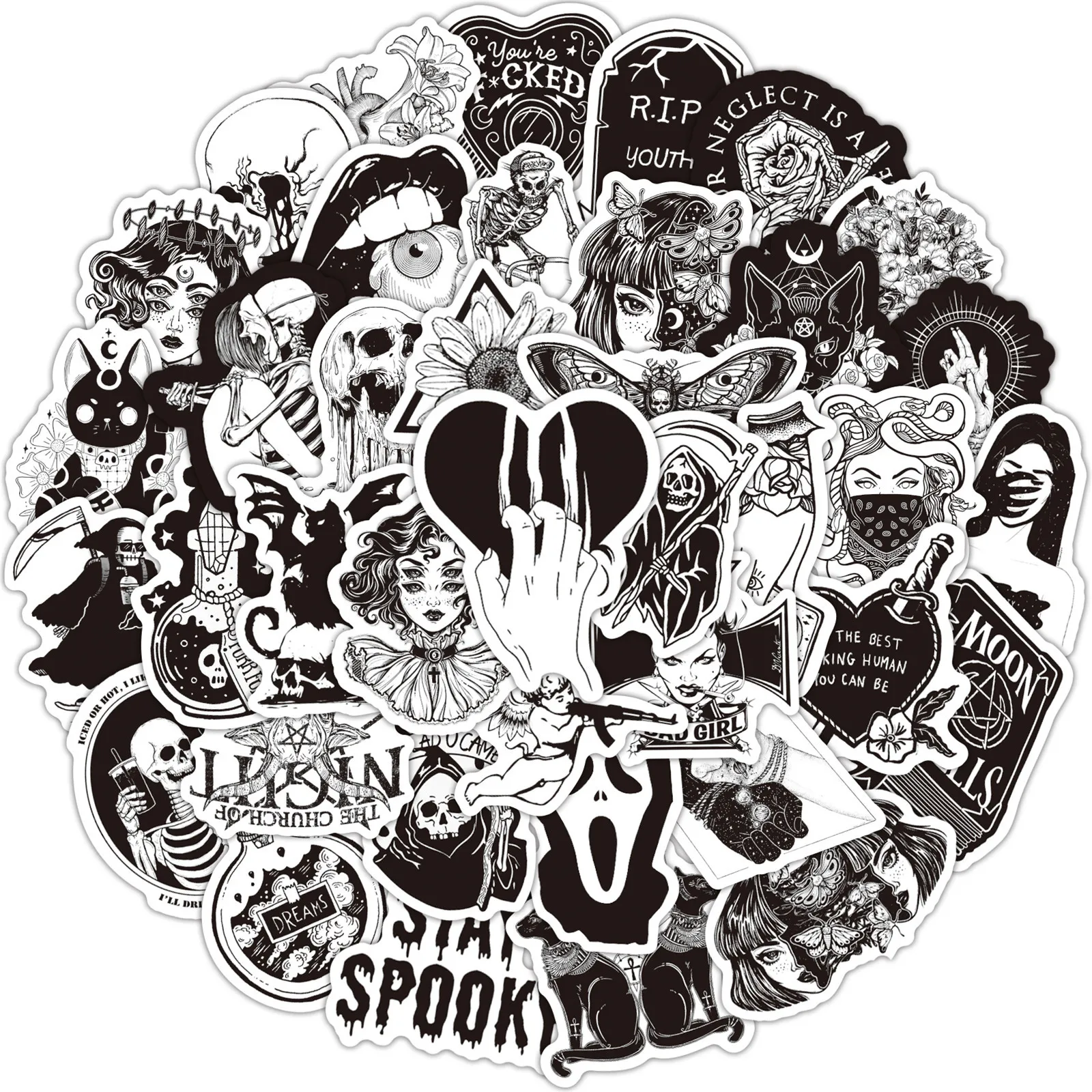 

50 New Black and White Gothic Skull Graffiti Stickers Scooter Guitar Water Cup Trolley Case Waterproof Stickers Leizi