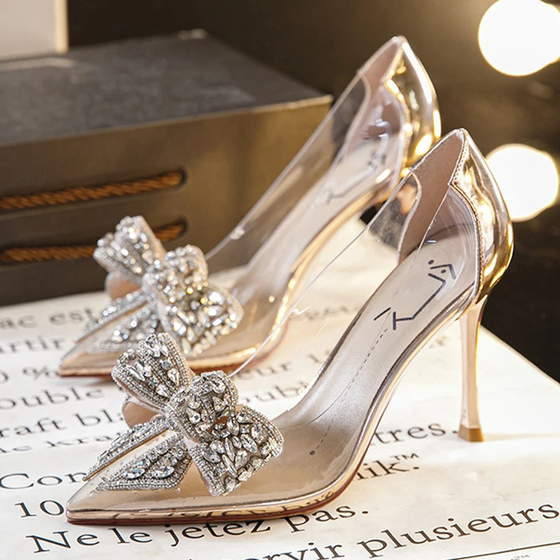 

New Rhinestones Women's Pumps Fashion High Heels Sexy Women Shoes Stiletto Bride Wedding Shoes Butterfly-knot Party Shoes Female