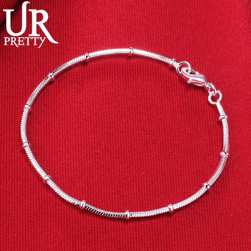 

URPRETTY 925 Sterling Silver 1.7mm Snake Chain Beads Bracelet For Man Women Wedding Engagement Charm Jewelry Christmas Gift