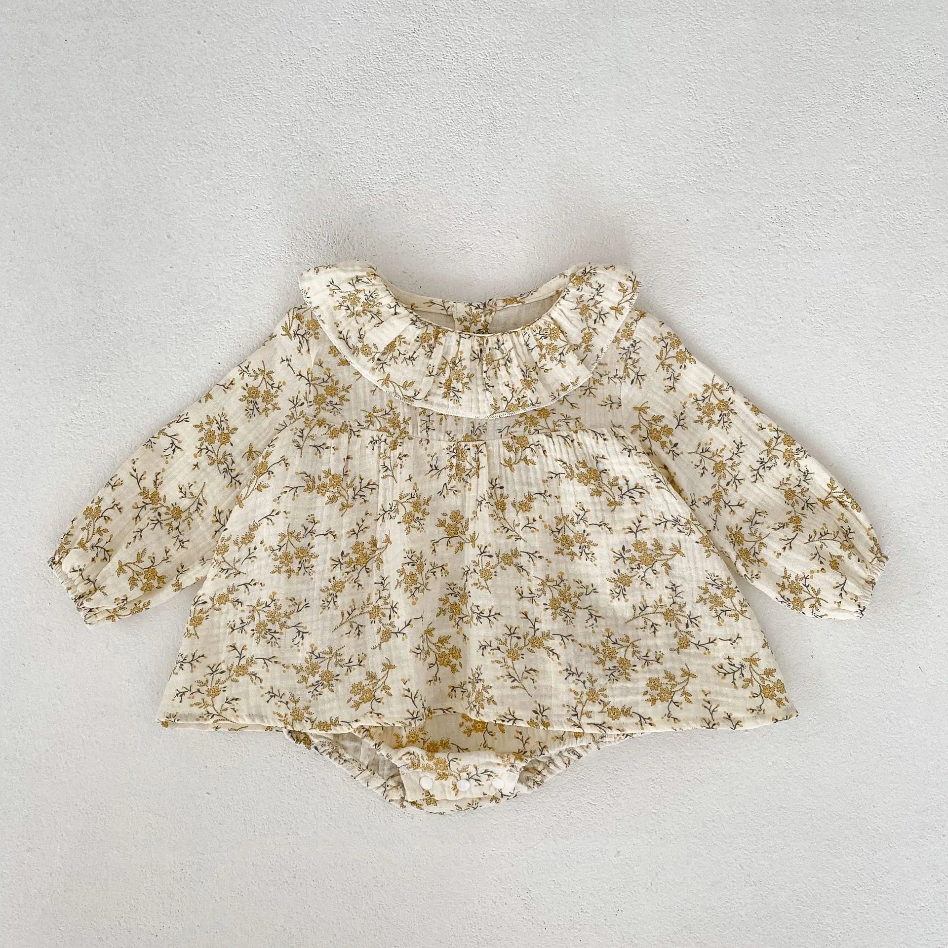 

2023 Autumn Girl Baby Floral Lotus Collar Casual Full Sleeves Dress Bodysuit Newborn Infant Flower Print Cotton Fashion Onesie
