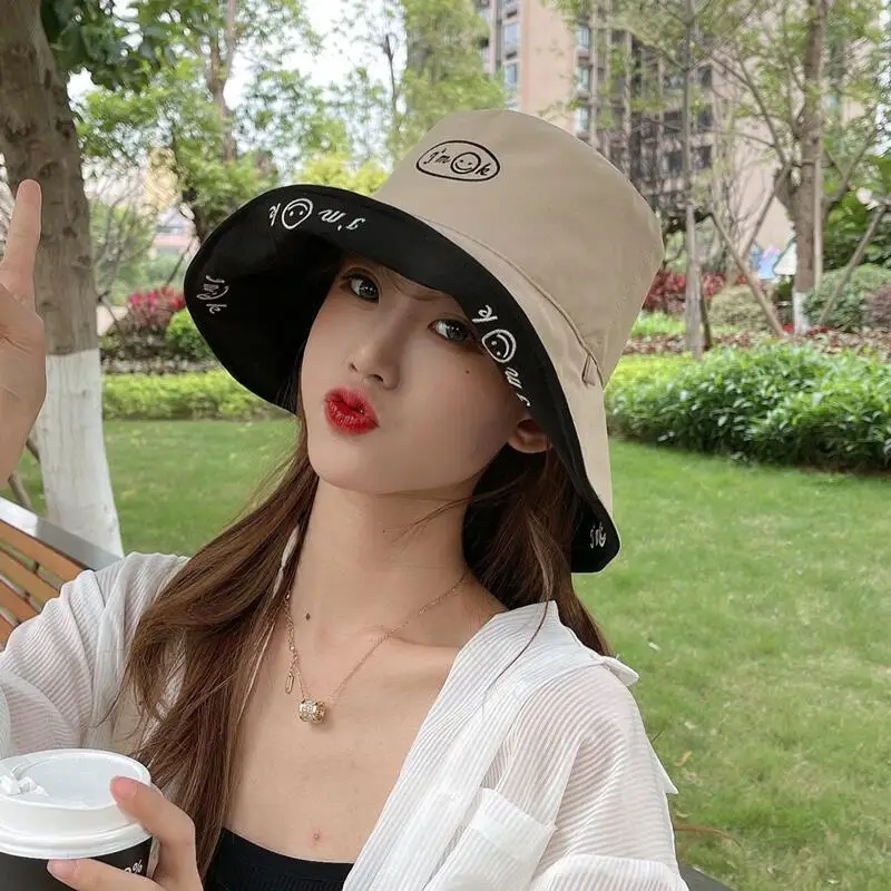 

Double Sided Ok Smiling Face Big Brim Fisherman Hat Women's Fashion Summer Korean Version Cover Face Japanese hat