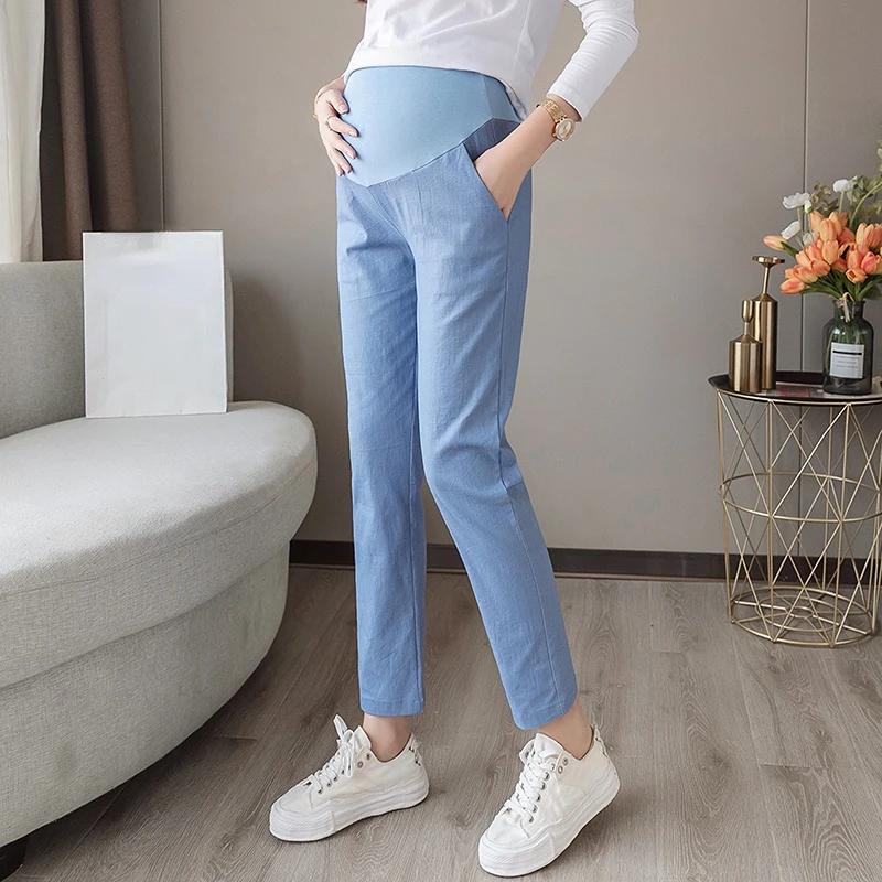 Casual Pregnancy Pants Solid Cotton Linen Summer Thin Office Maternity Clothes For Pregnant Women Adjustable Waist 2023 enlarge