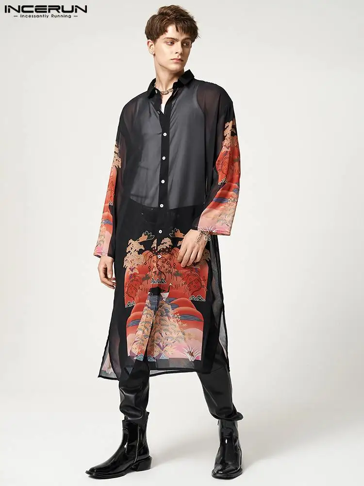 

INCERUN Tops 2022 American Style Men Printing Chiffon See-through Blouse Casual Vacation Hot Sale Long Crdigan Thin Shirts S-5XL