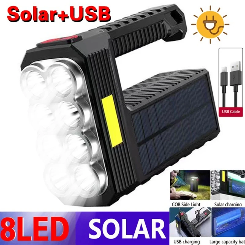 

6/8LED Flashlight Outdoor USB Rechargeable 4 Modes Torch Waterproof Lamp Solar Charging Tactical Searchlight Camping Lantern