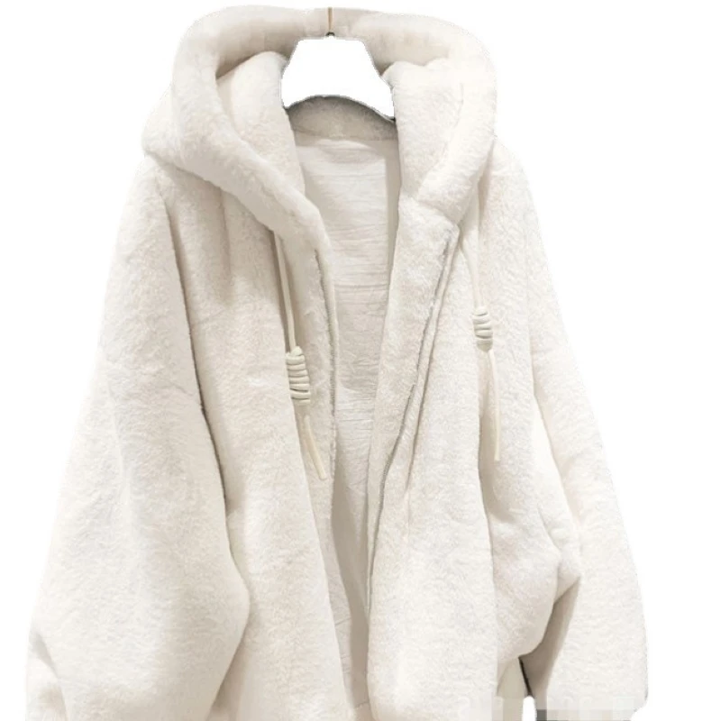 Autumn Winter Loose Hooded h Jacket  Imitation Rabbit Fur Coat Youth Student White Zipper h Jacket Cardigan