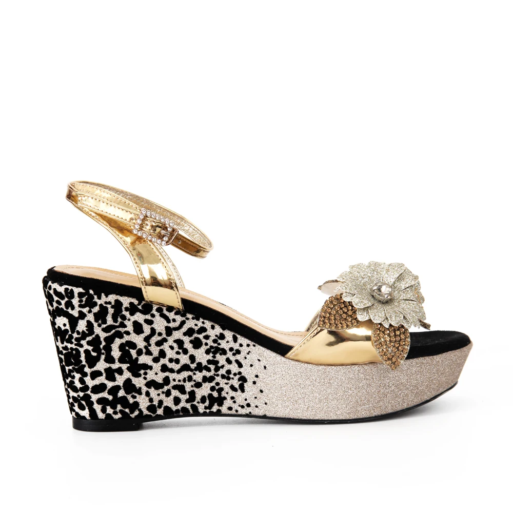 Gold with Black Wedge rhinestones Sandals Shoes for Women 2022 Designer Luxury Brand platform flower Sandal Woman Summer Fashion