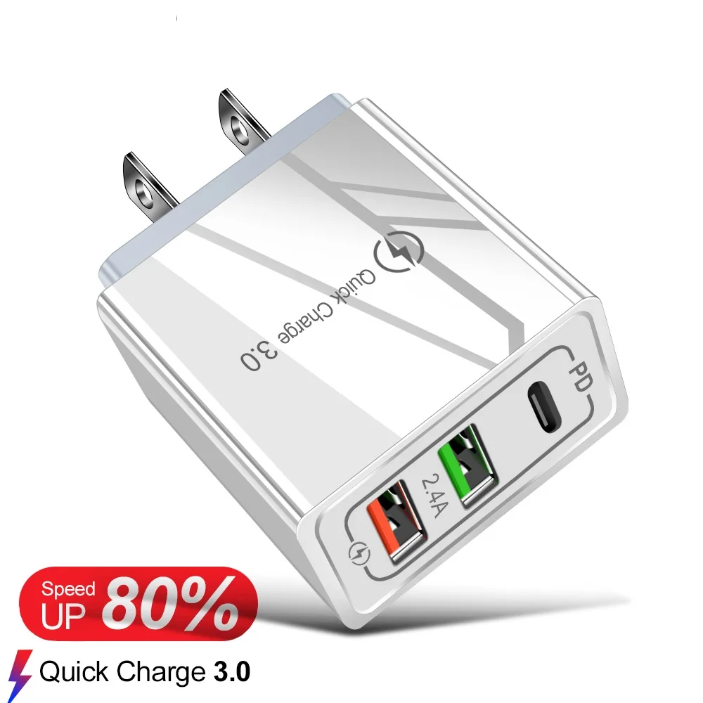 

100pcs 3 Ports Type c PD QC3.0 Fast Quick Charging Eu US AC Home Wall Charger Power Adapters For Iphone 12 13 Samsung Xiaomi
