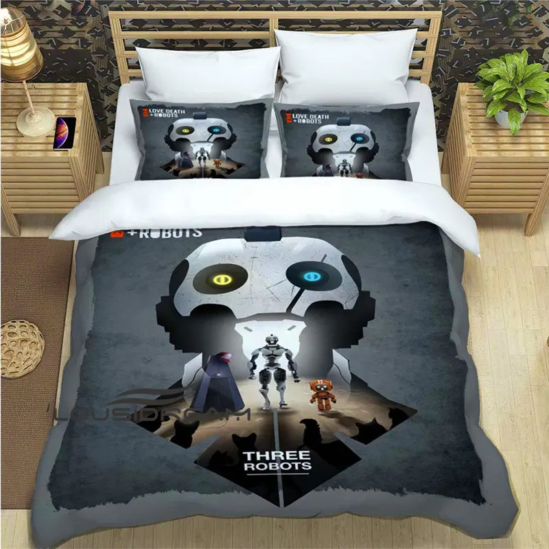 

Пододеяльник с мультяшным анимацией Love, Death & robot, пододеяльник, простыня, домашний текстиль, покрывало из трех частей, наволочка для кровати