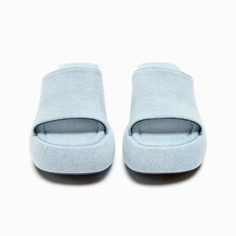 2023 Summer New Style Thick-soled Blue Denim Wedge Sandals Women Increase Height One Word Sandals Lazy Outerwear Women Slippers