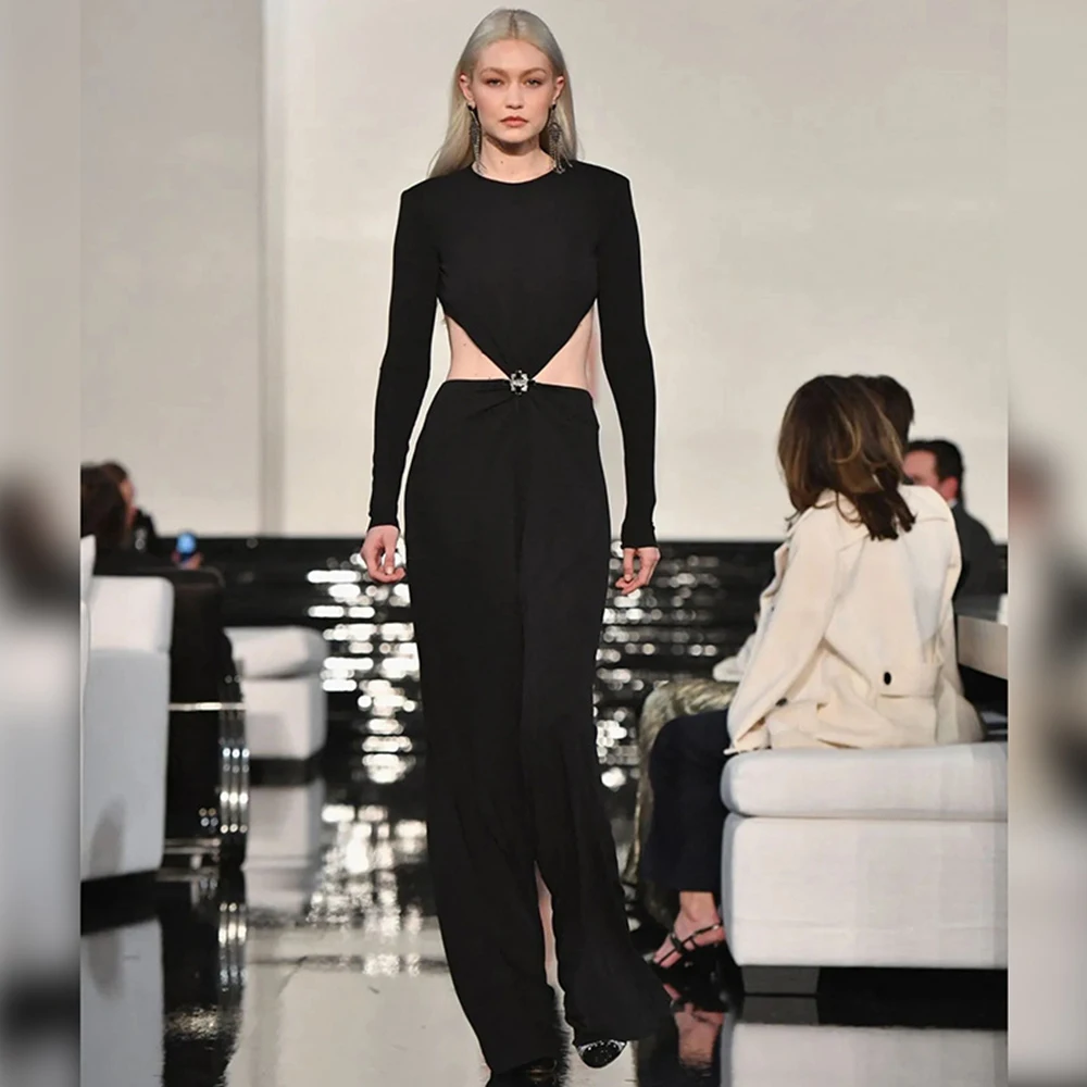 2022 New Summer Women's Sexy Black Long Sleeve Waist Hollow Cut Slim Jumpsuit Elegant Crystal Embellished Club Party Jumpsuit