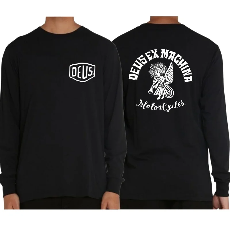 Czarne bawełniane koszulki z długim rękawem i dekoltem w szpic DEUS EX MACHINA Wiosna Jesień Wysokiej jakości koszulka Mężczyźni Kobiety MTB