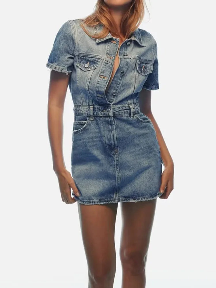 

Женское джинсовое платье-рубашка на пуговицах, элегантное однотонное платье-рубашка с коротким рукавом, одежда для улицы, лето 2023