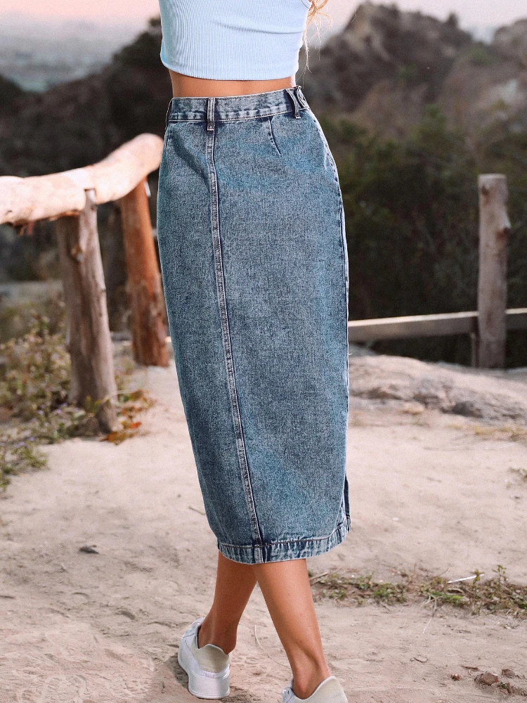 2022 Women's Button A-line Side Split High Waist Denim Skirt Office Lady Black Blue Midi Jean Skirts Autumn Winter Long Skirt images - 6