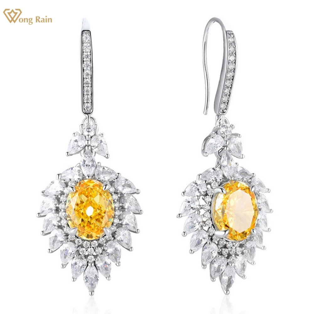Wong Rain Luxury 925 Sterling Silver Oval 8*10 MM Citrine Aquamarine Gemstone Dangle Earrings Wedding Engagement Fine Jewelry