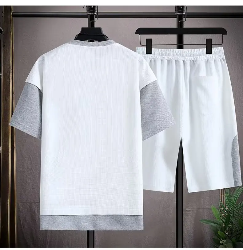 2 Pieces Set Men Tracksuit 2023 New Casual Men Set Sportswear Patchwork T-shirt+Shorts Suit Summer Joggers Sets Plus Size Sets