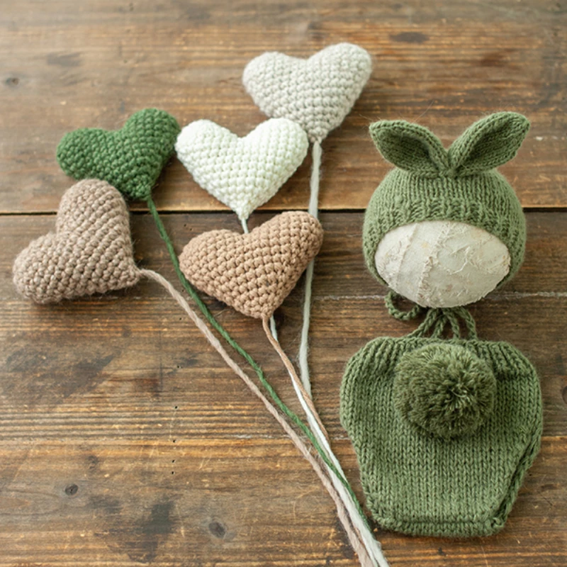 Newborn Baby Photography Props Knitting Heart Balloons 5pcs Bunny Outfit Set Fotografia Photoshoot Studio Shoot Photo Prop