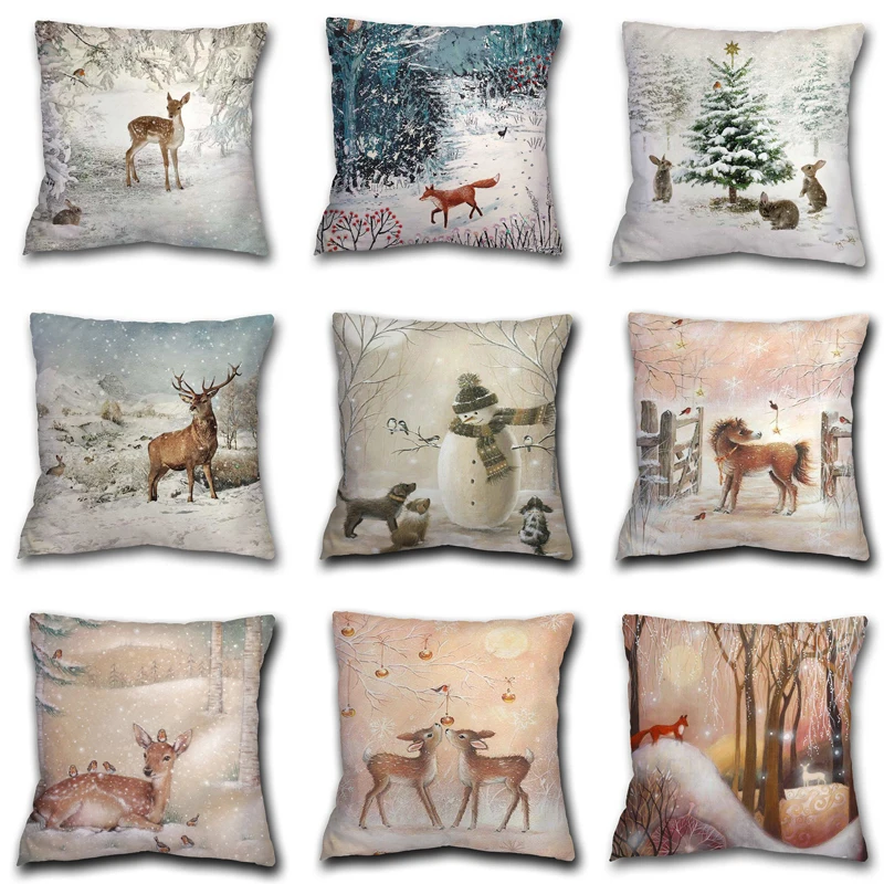 

Christmas Forest Photo Pillow Case Xmas Deer In Snow Forest Picture Cushion Cover For Home Sofa Decor Short Plush Pillowcases