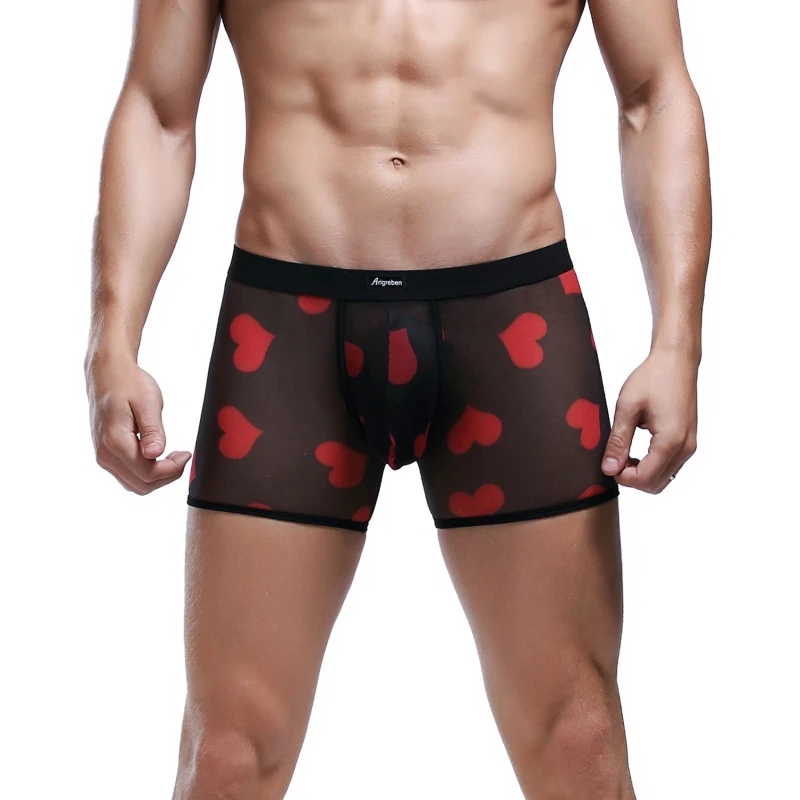 

Трусы-боксеры мужские сетчатые с заниженной талией, пикантное дышащее нижнее белье с принтом сердец, мягкие удобные модные повседневные боксеры