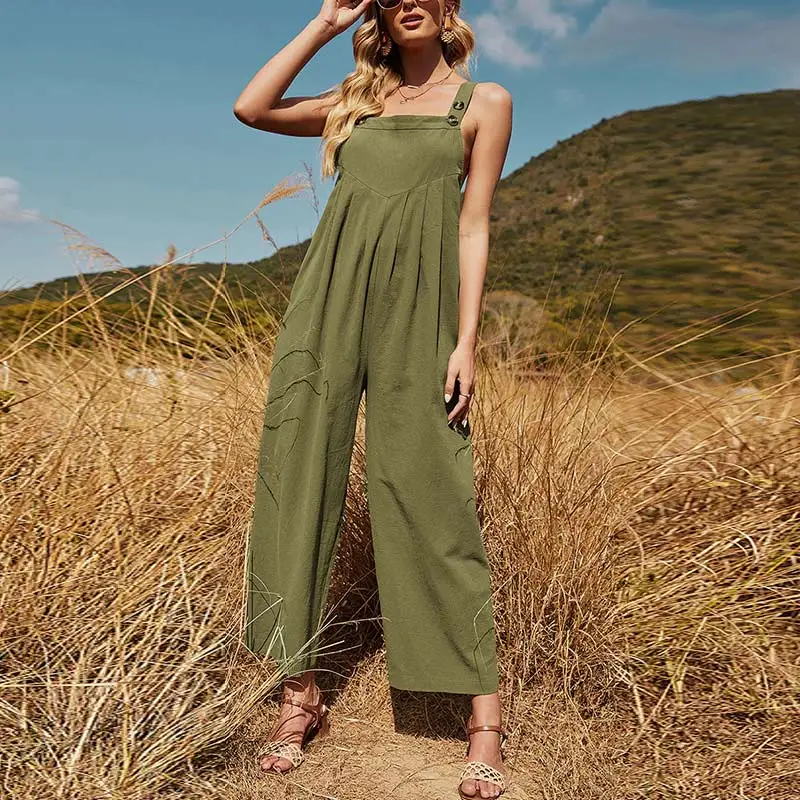Women Splicing Pleated Ladies Cotton Loose Romper Sling Sleeveless Wide-Leg Straight Trousers Jumpsuits Summer Holiday Jumpsuit